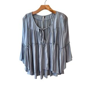Free People Light Blue Bell Sleeve Flowy Peasant Boho Blouse Size XS